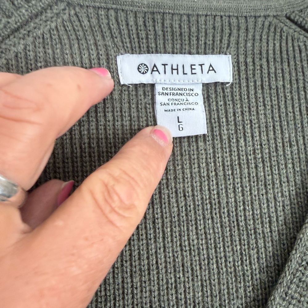 Two Athleta Olive Green V-Neck Tops - Knit Sweater & Long Sleeve Essential Tee L - Picture 4 of 9